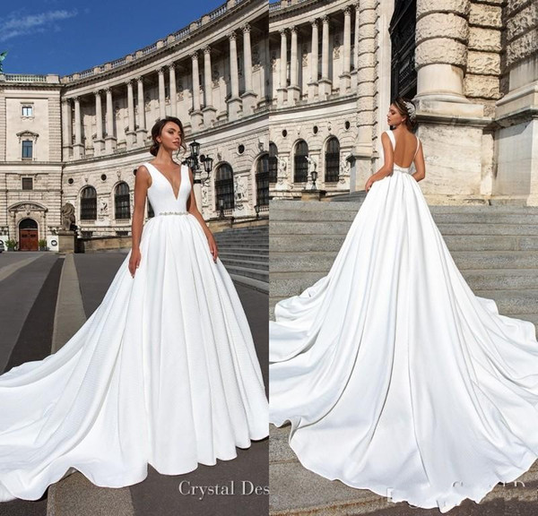 Backless Wedding Dresses Cheap Elegant Deep V Neck Sweep Train Satin Wedding Dress with Beaded Sash Custom Made BA8977