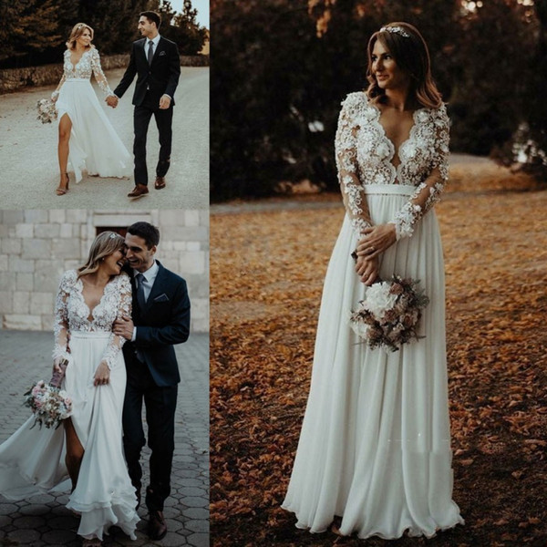 Summer Bohemian Beach Garden Wedding Dresses A Line Lace Chiffon Split Floor Length Bridal Gowns Cheap