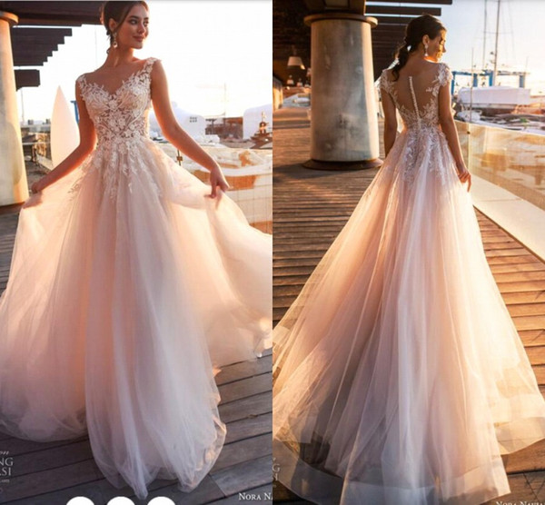 Cheap Summer Boho Wedding Dresses Sheer Backless with Buttons V-Neck Cap Sleeves Applique Long Bridal Gowns BA9808