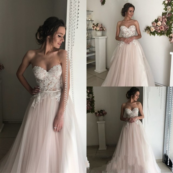 Simple Blushing Pink Tulle Appliques Bridal Wedding Gowns Cheap A Line Sweetheart Vestidos Plus Size Wedding Gowns