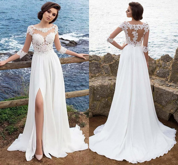 Summer Bohemian Wedding Dresses New Sheer 3/4 Sleeve Appliqued Chiffon Long Boho Garden Beach Split Bridal Gowns Plus Size