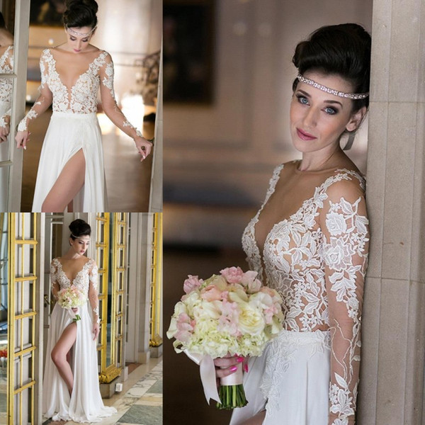 Summer Boho Sheer Long Sleeves Wedding Dresses Lace Chiffon Plunging Neck Front Split Country Beach Bridal Gowns BA3423