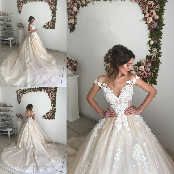 Wedding Dresses A Line Off Shoulders Lace Appliques Sequins Tulle Backless With Buttons Covered Court Train Bridal Gowns