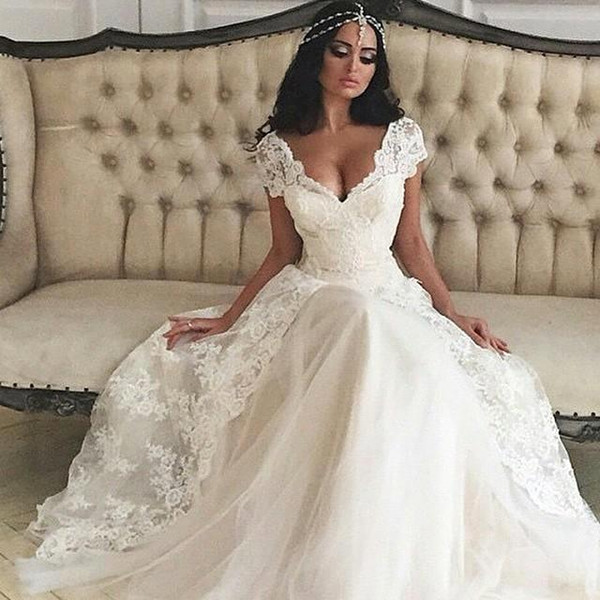 Vestidos de novia Cap Sleeves Wedding Dresses A Line V Neck Appliques Bride Wedding Gowns Arabic Dubai Style Formal Wear BA9940