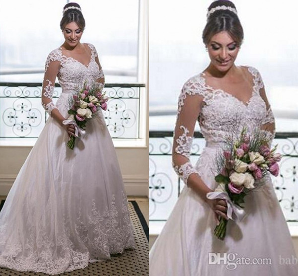 New Arrival Vestios De Novia A-line Wedding Dresses Long Sleeves Lace Appliques Beaded Sheer Crew Neck Bridal Gowns with Sweep Train