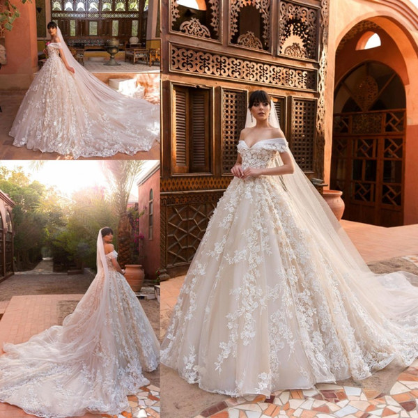 Designer Wedding Dresses Off the Shoulder Full 3D Flowers Court Train Custom Made Bridal Gowns BC0036