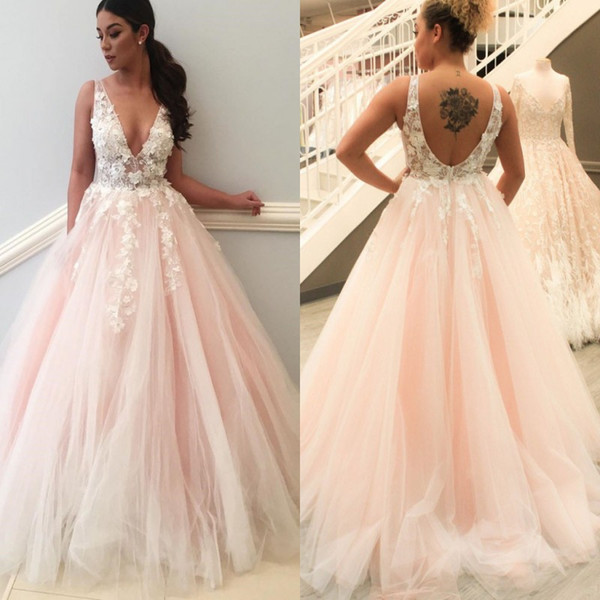 Plunging V Neck Pink Themed Wedding Dresses A Line Open Back Sheer Straps Appliques Petals Long Summer Beach Bridal Gowns Plus Size BC0772