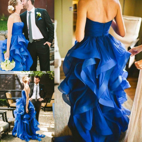 Tier Ruffle Skirts Royal Blue Wedding Dresses Latest A Line Strapless Country Garden Bridal Gowns Party Dress Arabic BC0275