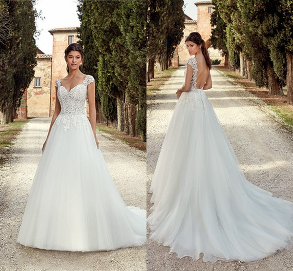 New Arrival A Line Wedding Dresses Sexy Low Back Cap Sleeves Appliqued Long Tulle Bridal Country Garden Wedding Gowns EK