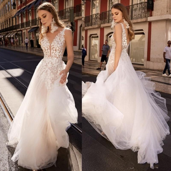 New Arrival Lace Backless Boho Wedding Dresses Plunging Neck A Line Beach Bridals Gowns Sweep Train Tulle Bohemian Vestidos De Noiva