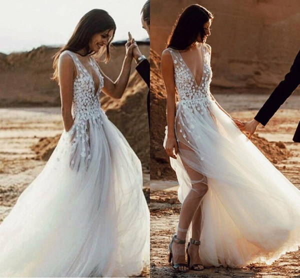 Summer Boho Tulle Beach Wedding Dresses Deep V Neck Sheer See Through A Line Appliques Split Bridal Gowns Cheap