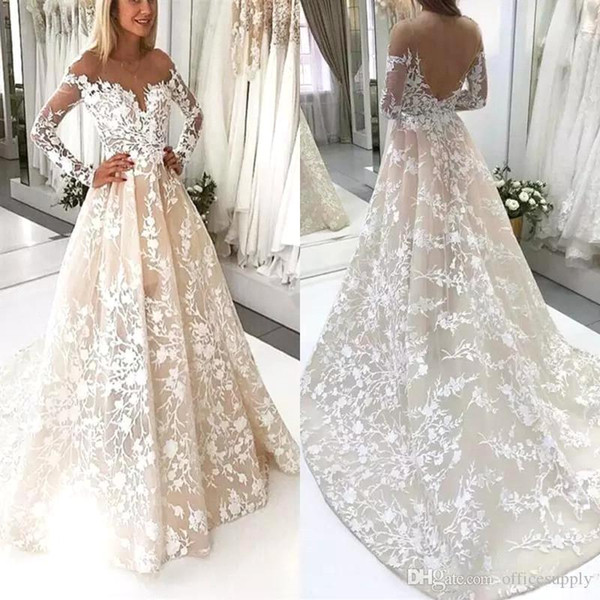 Vintage Long Sleeves Lace Wedding Dresses Appliques Sheer Scoop Neck Sweep Train A Line Wedding Bride Gowns BC0786