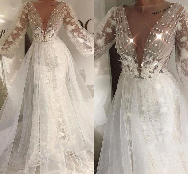 Romantic Sheer Summer Boho Poet Long Sleeves wedding Dresses A Line V Neck Pearls Appliques Long Bridal Gowns BC0529