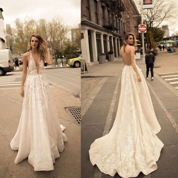 Newest Berta A Line Wedding Dresses Summer Bohemian Deep V Neck Lace Appliques Sexy Open Back Boho Bridal Gowns