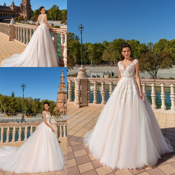 New Elegant A-line Wedding Dresses Vestios De Novia Sweetheart Cap Sleeves Lace 3D-floral Appliques A-line Bridal Gowns