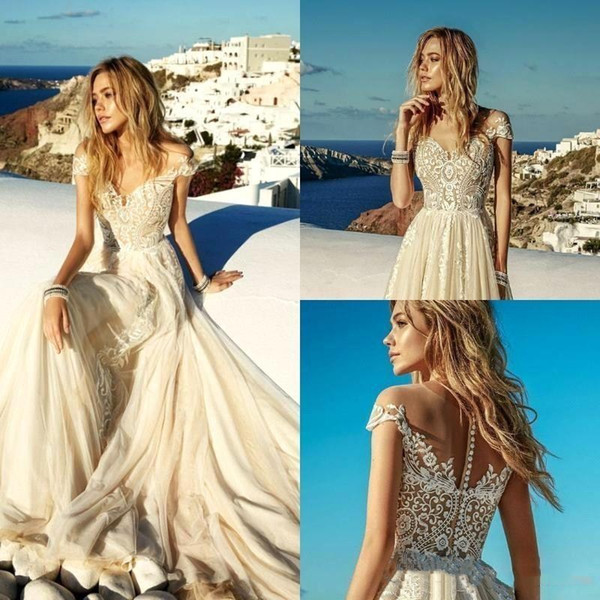 Champagne Wedding Dresses For Summer Boho Beach Weddings A Line Appliques Long Bridal Gowns Robe de mariee BC1819