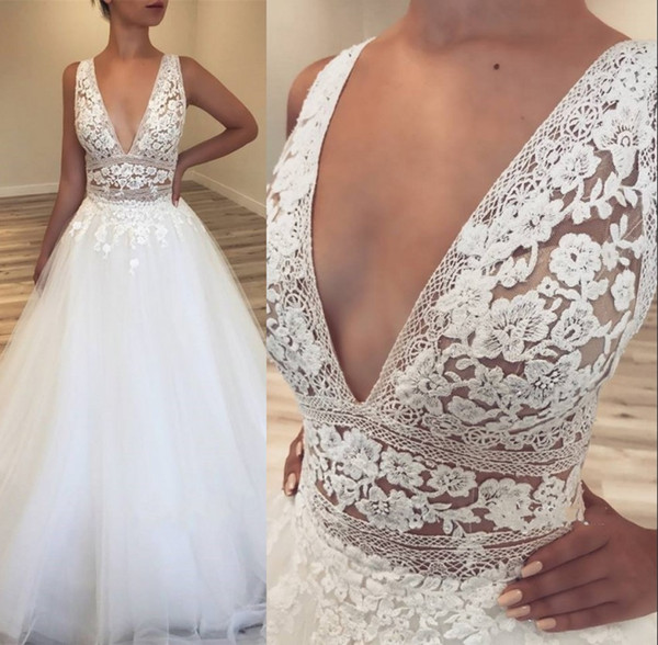 Elegant Deep V Neck Sleeveless Tulle Wedding Dresses Summer Beach Boho A Line Lace Appliques Bridal Gowns Cheap Plus Size