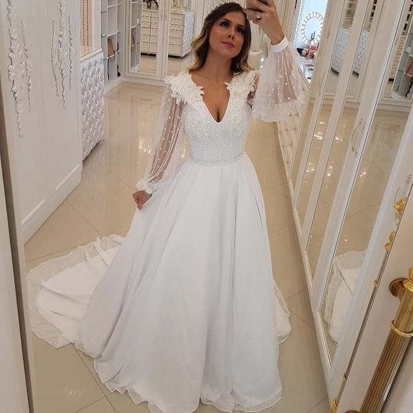 Cheap Summer Boho White Wedding Dresses Poet Sheer Long Sleeves V Neck With Appliques Pearls Bridal Garden Beach Wedding Gowns