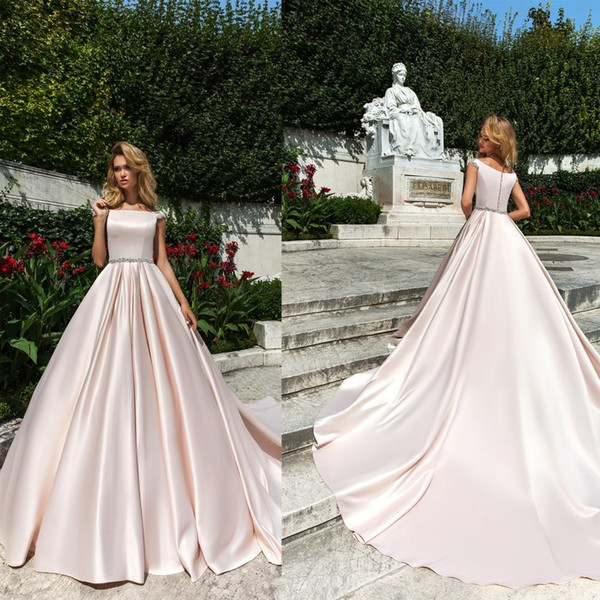 New Elegant Stain vestidos de fiesta A-Line Wedding Dresses with Crystal Waist Design Custom Made Court Train Bateau Bridal Gowns