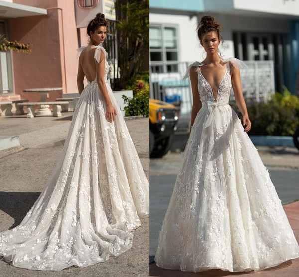 Berta Summer Boho Sexy Backless Wedding Dresses A Line Deep V Neck with Bow Straps Appliqued Floor Length Bride Wedding Gowns