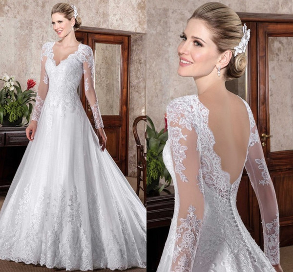 Vestidos de novia Vintage Long Sleeves A Line Wedding Dresses Sheer Appliques V Cut Backless with Buttons Bridal Gowns with Court Train