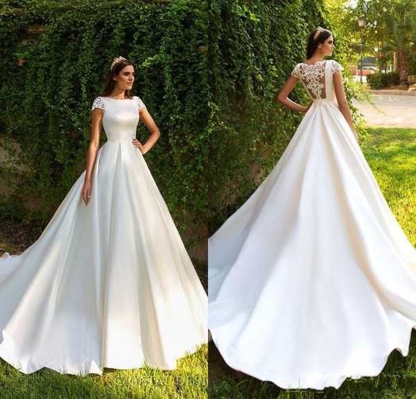 Elegant Short Sleeve A Line Satin Wedding Dresses Gorgeous Appliques Princess Court Train Bride Gown Vestido de Noiva BC0401