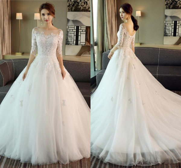 Modern White Bridal Wedding Dresses A Line Sheer Appliques Scoop Neckline Lace-up Back Long Wedding Gowns BC0152