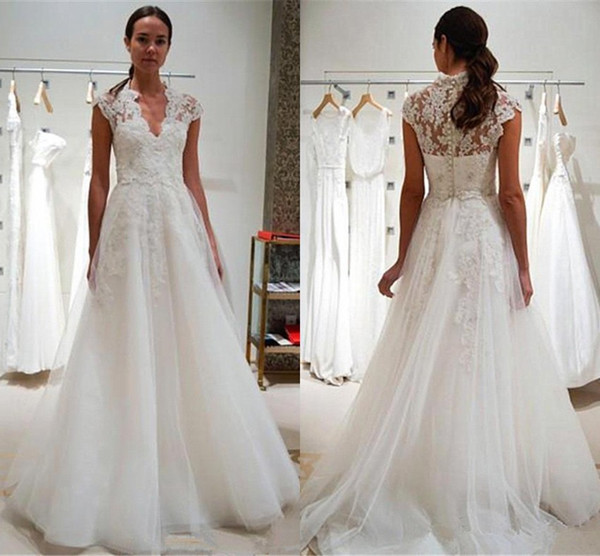 New Arrival Cap Sleeves A Line Wedding Dresses Lace V Neck Appliques with Button Covered Back Long Bridal Gowns Cheap BC0147