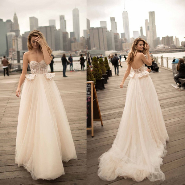 Berta Sexy Backless A Line Wedding Dresses For Summer Weddings Sweetheart Sweep Train Peplum Long Bridal Gowns Plus Size