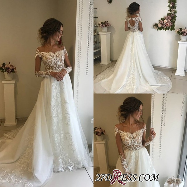 Gorgeous White Ivory Lace Wedding Dresses A Line Illusion Bodice Sheer Appliques Long Sleeves Backless Vestidos Bridal Gowns