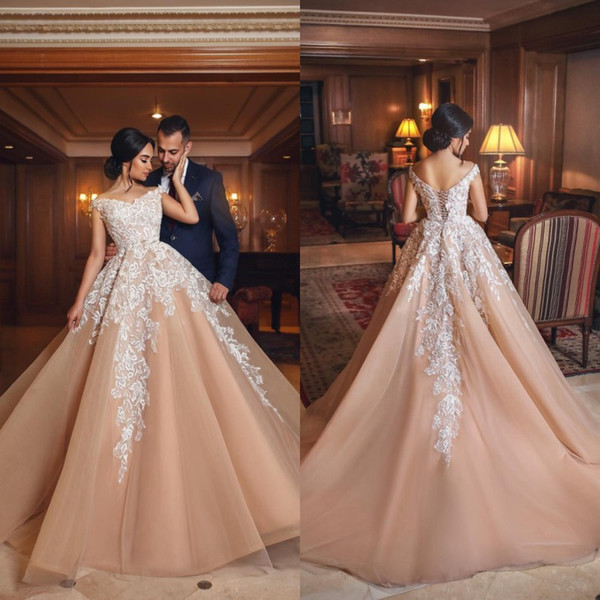 Saudi Arabic A Line Wedding Dresses Champagne with White Appliques Floor Length Bridal Gowns Formal For Church Weddings Lace-up Back