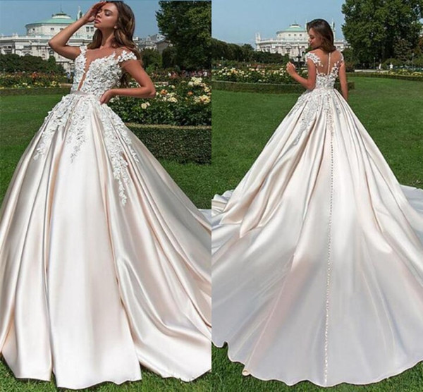 Vestidos Sheer A Line Wedding Dresses Applique Cap Sleeves Button Covered Back Long Satin Formal Bridal Wedding Gowns Plus Size