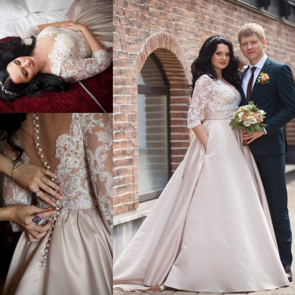 Arabic Dubai Style Lace Satin Wedding Dresses Plus Size Modern Illusion Half Sleeves Appliques with Button Covered Back Formal Bridal Gowns