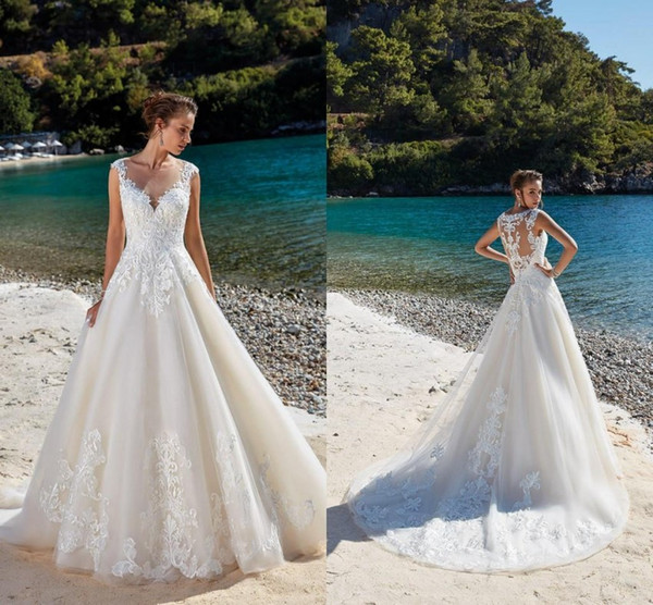 New Wedding Dresses A Line Sheer Jewel Neck Lace Applique Illusion Back Wedding Dress Bridal Gowns