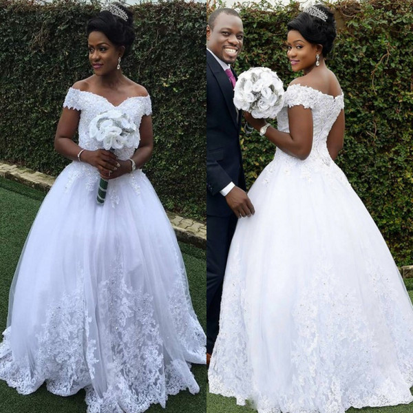 South African A Line Lace Wedding Dresses Off-the-shoulder Appliques Sequins Bridal Gowns Arabic Custom Made Wedding Gowns