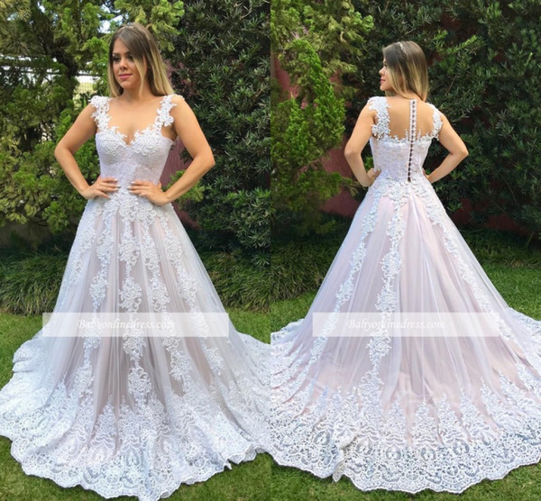 Beautiful Garden Wedding Dresses Spring Summer Cap Sleeves Appliques A Line Backless Bridal Gowns with Buttons Covered