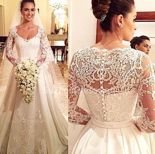 Modest Lace Satin Long Sleeves Wedding Dresses Bridal A Line V Neck Buttons Back Applique Robe de soriee Bridal Church Wedding Gowns BA9668