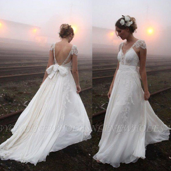 Summer Beach Bohemian Wedding Dresses Backless Cap Sleeve A Line Lace Applique Chiffon Bridal Wedding Gowns Cheap BC1640