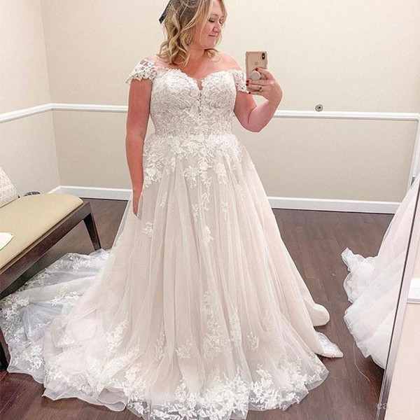 Plus Size Lace Wedding Dresses Vestido De Noiva New Design Court Train Cap Sleeve Applique A-Line Lace Country Bridal Gowns W1023