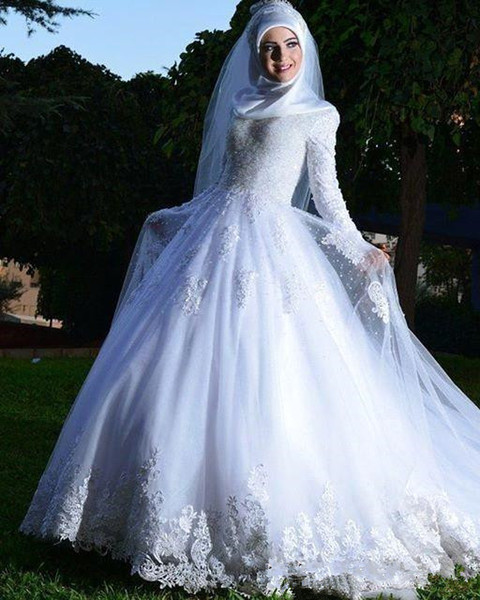 Muslim Long Sleeve Wedding Dresses New Custom Court Train Applique Beaded A-Line High Neck Lace Bridal Gowns Vestidos De Noiva W732