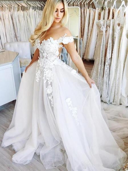 Sexy Lace Country Wedding Dresses New Custom Robe De Marriage Court Train Applique A-Line Off-the-shoulder Organza Bridal Gowns W61