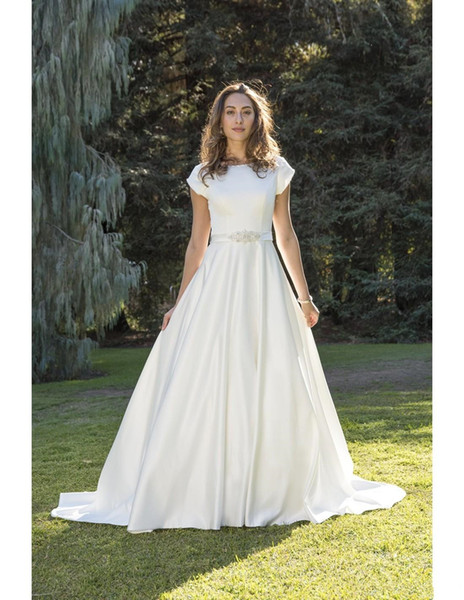 Modest Garden Satin Wedding Dresses Vestido De Noiva Court Train Pleats Beads Sash Short Sleeve A-Line Bridal Gowns Custom Made W1034