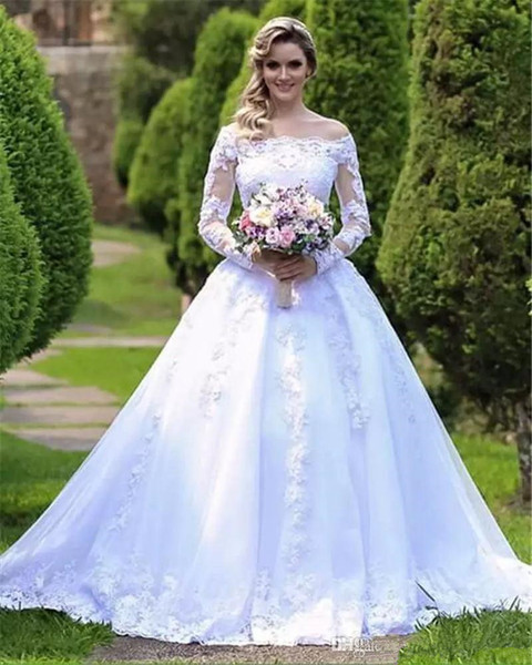 Long Sleeve Lace Vintage Wedding Dresses Vestido De Noiva Applique Court Train A-Line Off-the-shoulder Tulle Garden Bridal Gowns W1030