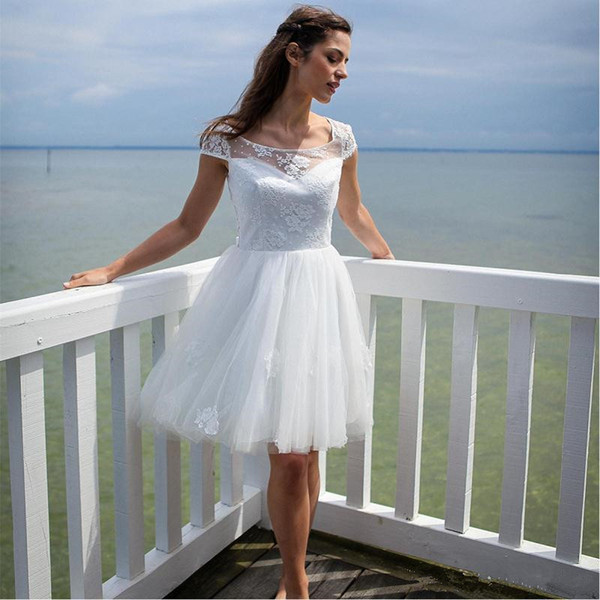 Beach Short Lace Wedding Dresses New Custom Summer Simple Style Cap Sleeve A-Line Knee Length Tulle Bridal Gowns Vestido De Noiva W869