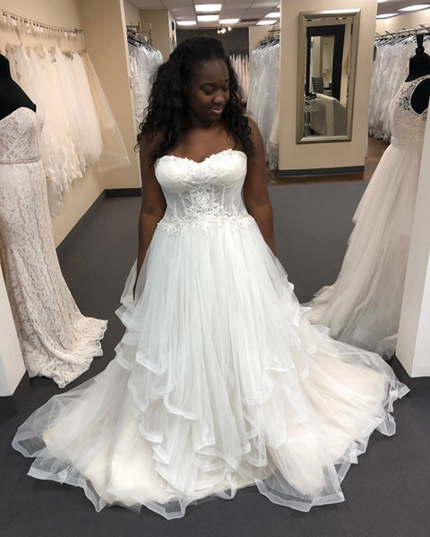 Plus Size African Wedding Dresses Hot Selling New Court Train Lace A-Line Sweetheart Ruffled Tulle Bridal Gowns Vestidos De Noiva W730