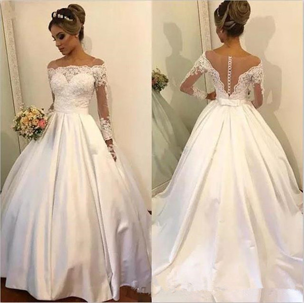 Modest Long Sleeve Wedding Dresses New Design Custom Made Bow Sash Applique A-Line Sheer Lace Bridal Gowns Vestidos De Noiva W689