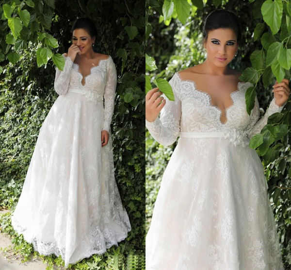 Plus Size Lace Wedding Dresses New Design Custom A-Line Matched Sash Deep V-Neck Empire Long Sleeve Bridal Gowns Vestidos De Noiva W730