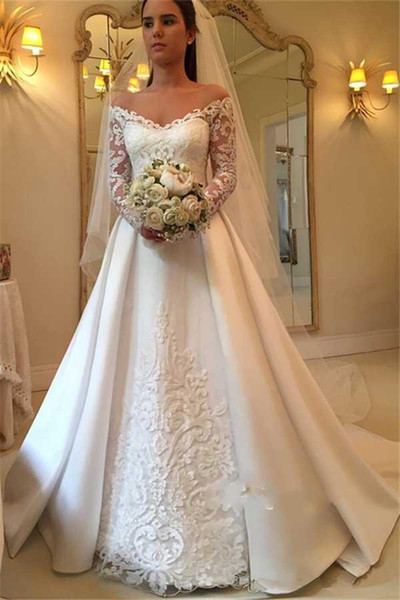 Off-Shoulder Long Sleeve Lace Wedding Dresses New Court Train Applique Elegant A-Line Satin Charming Bridal Gowns Vestido De Noiva W901