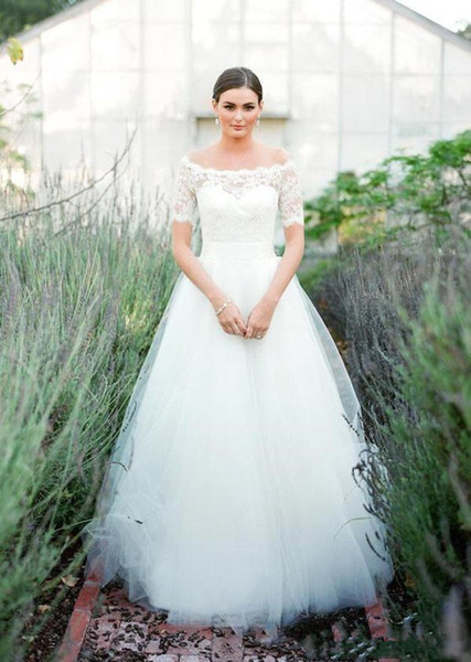 Modest Garden Tulle Wedding Dresses New Design Custom Made Sweep Train A-Line Off-the-shoulder Lace Bridal Gowns Vestido De Noiva W910