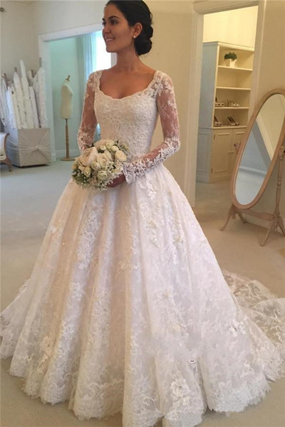 Vintage Lace Wedding Dresses Hot Selling New Sweep Train Scoop Neckline Beaded A-Line Long Sleeve Bridal Gowns Vestido De Noiva W1019